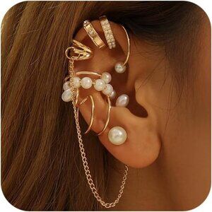 9Pcs Gold Pearl Non-Piercing Ear Cuffs for Women - Dainty, Chunky Charm, Stylish